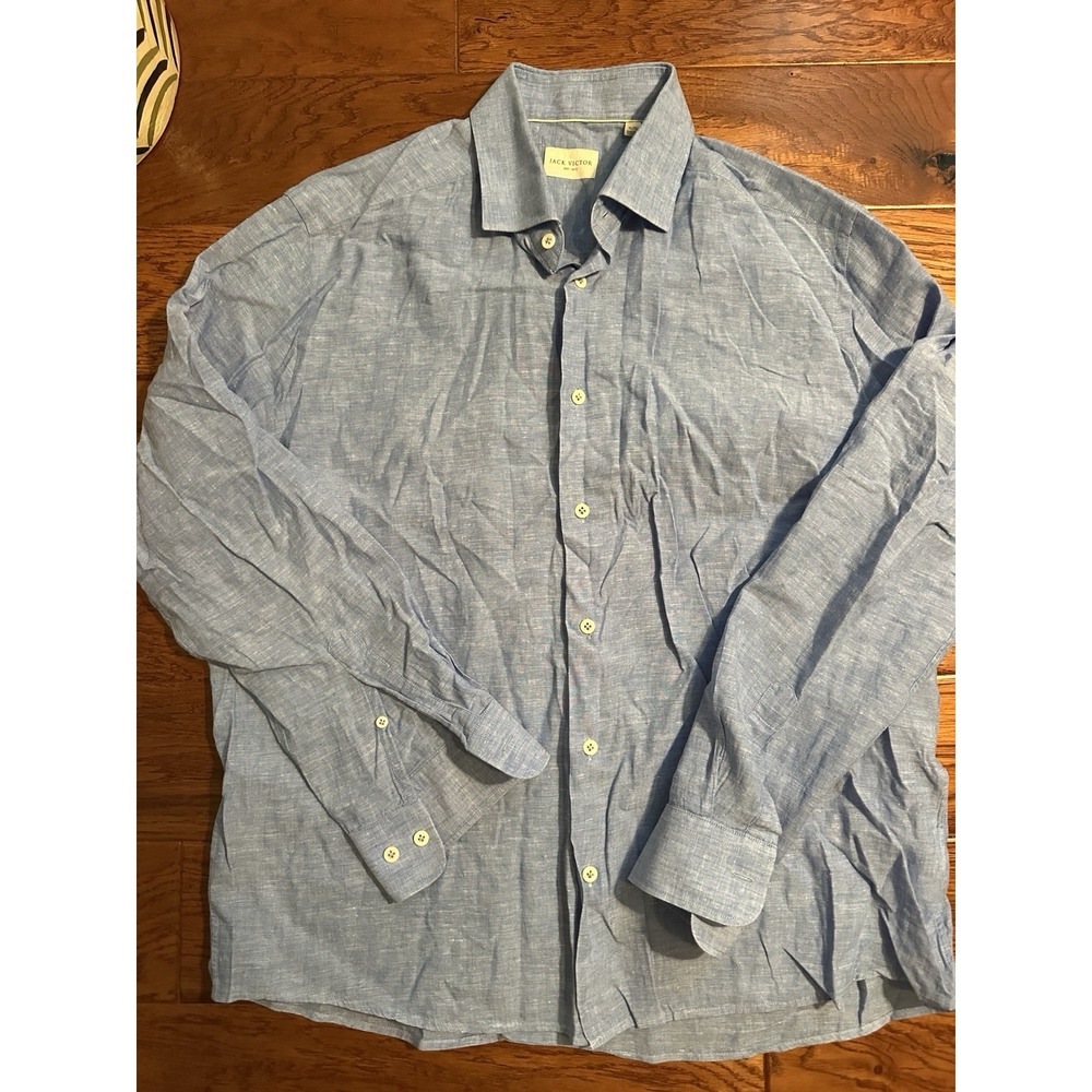 Jack Victor Clandeboye Linen Cotton Long Sleeve Shirt Light Blue Mens Size XL